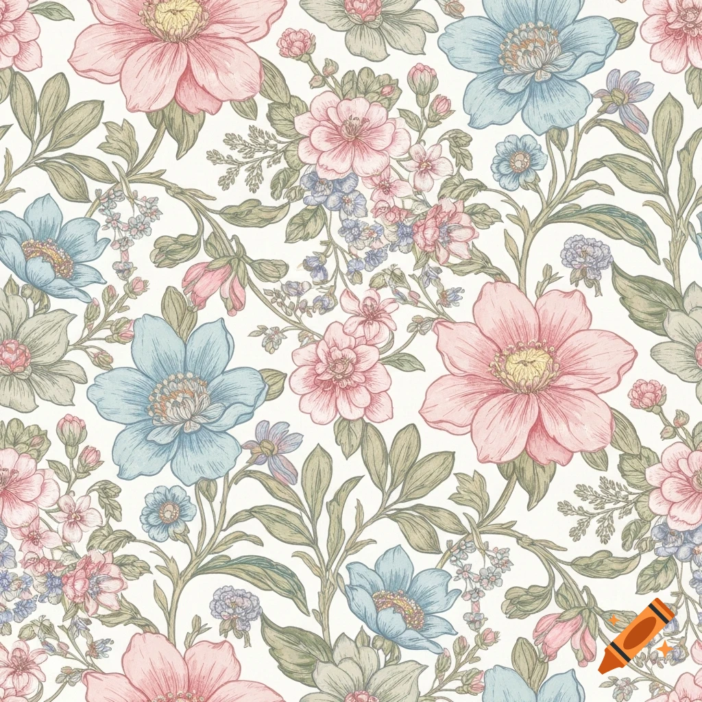 A seamless vintage floral pattern featuring large pink, blue, and sage green flowers with delicate leaves and smaller blossoms on a white background.