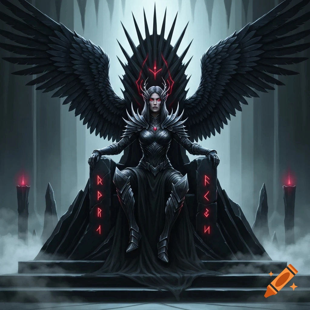 A regal, dark fantasy elf-like figure with large black wings and ornate armor sits on a spiky throne with glowing red runes.