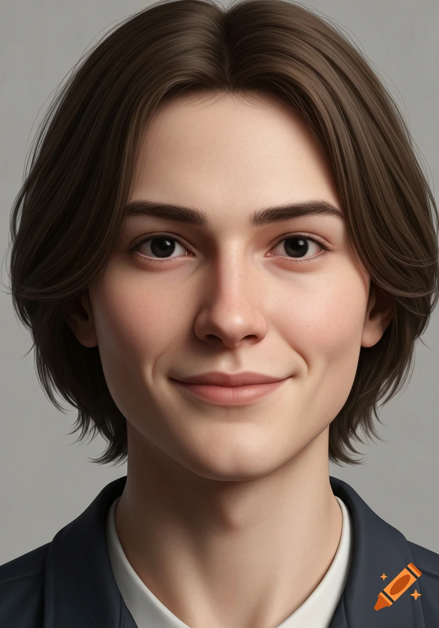 A photorealistic portrait of a young person with brown hair, black eyes, a gentle smile, and soft lighting.