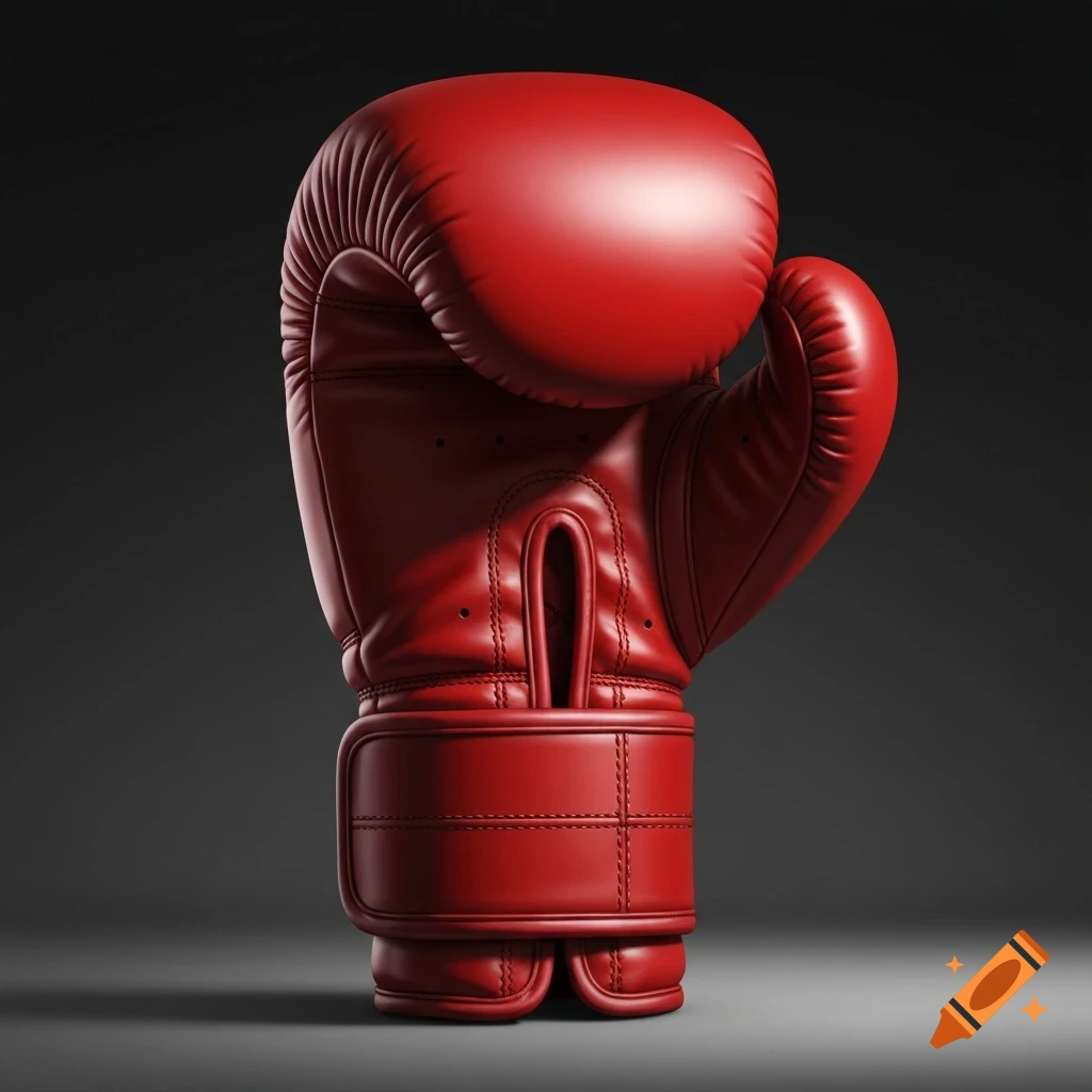 A single hyper-realistic red boxing glove stands upright on a dark background, showing detailed stitching and leather texture.