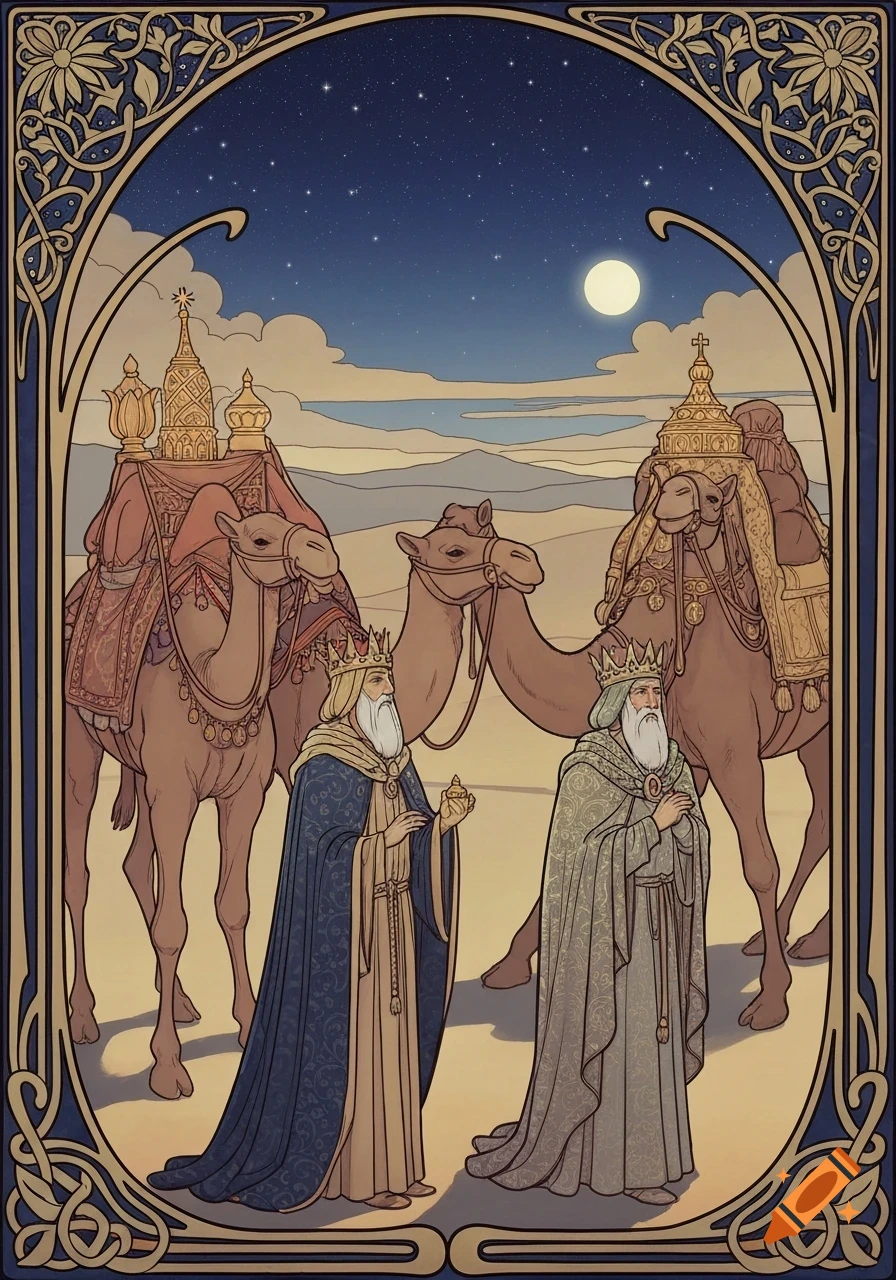 Art Nouveau illustration of three kings with camels in a desert under a starry night sky.
