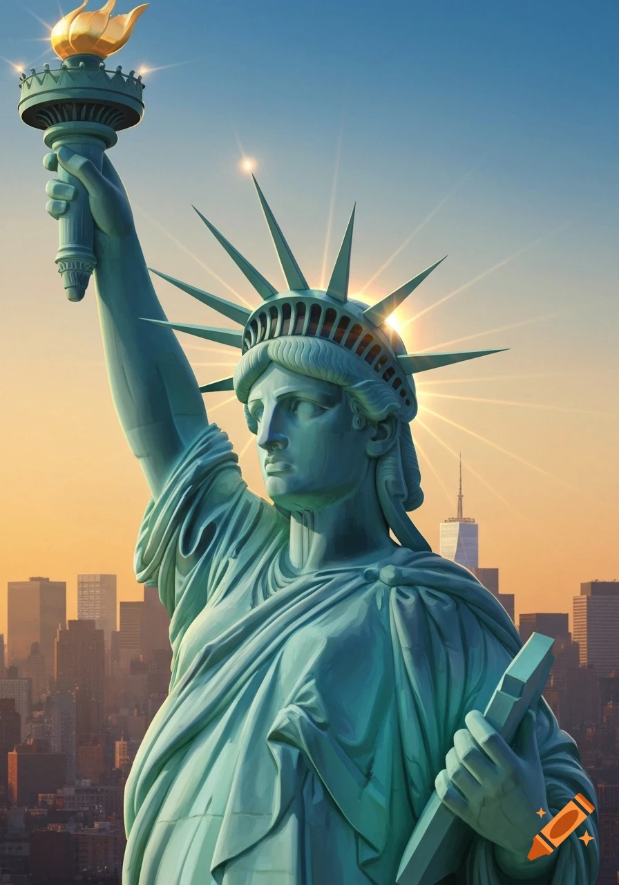 Close-up of the Statue of Liberty against a sunset sky over a city skyline, with sunrays emanating from her crown.