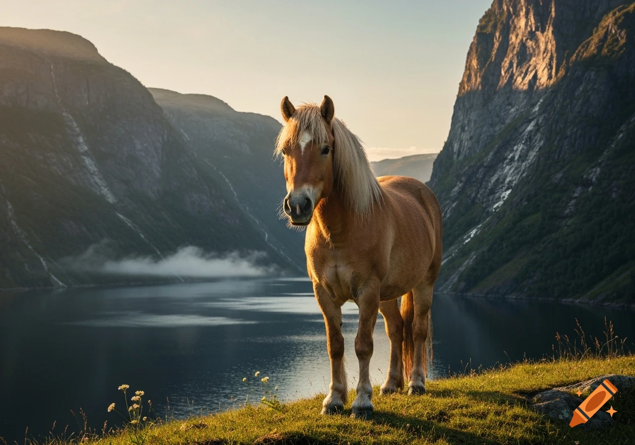 A brown Fjord horse with a blonde mane stands on a grassy hill overlooking a serene fjord and mountains at sunset.