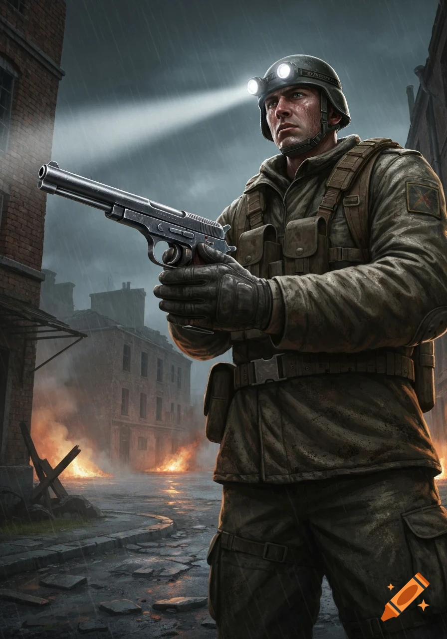 A soldier in uniform with a headlamp holds a pistol in a rainy, war-torn city with fires burning.