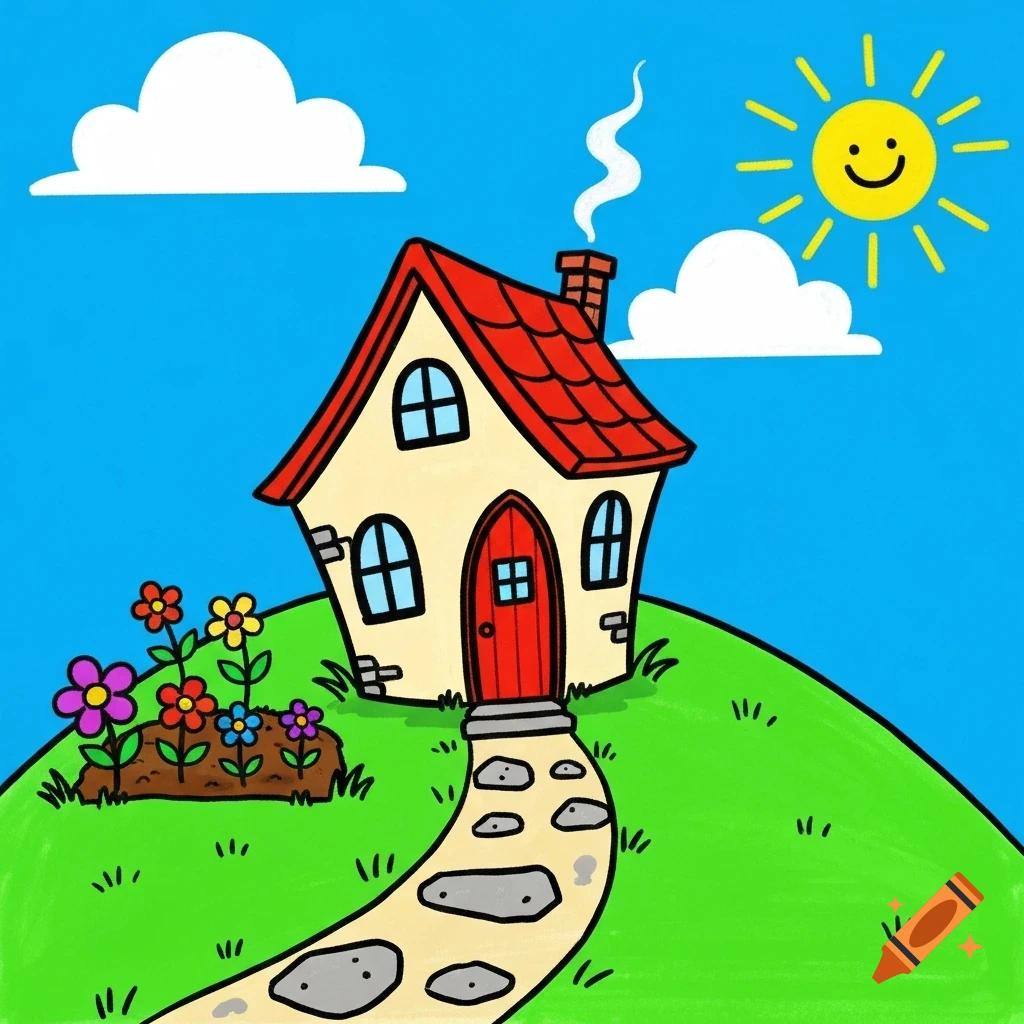 A colorful cartoon house on a green hill with a stone path, flowers, white clouds, and a smiling sun in a blue sky.