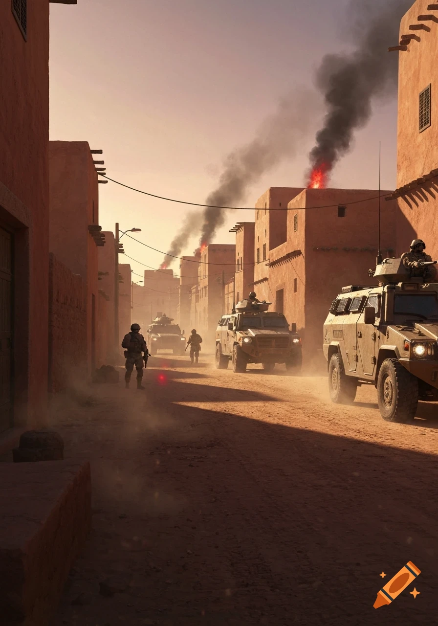 Military armored vehicles and soldiers patrol a dusty street in a North African town, with smoke rising from burning buildings.