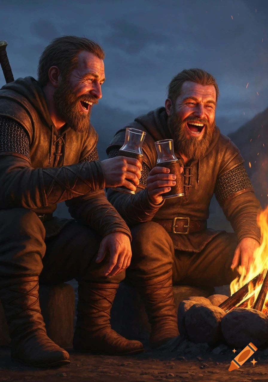 Two bearded men in viking attire laugh and toast by a campfire at dusk, realistic style.