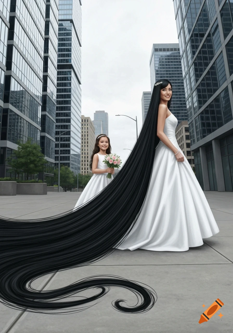 A woman in a white wedding dress with extremely long black hair trails behind her on a city sidewalk, followed by a girl in a white dress holding flowers.