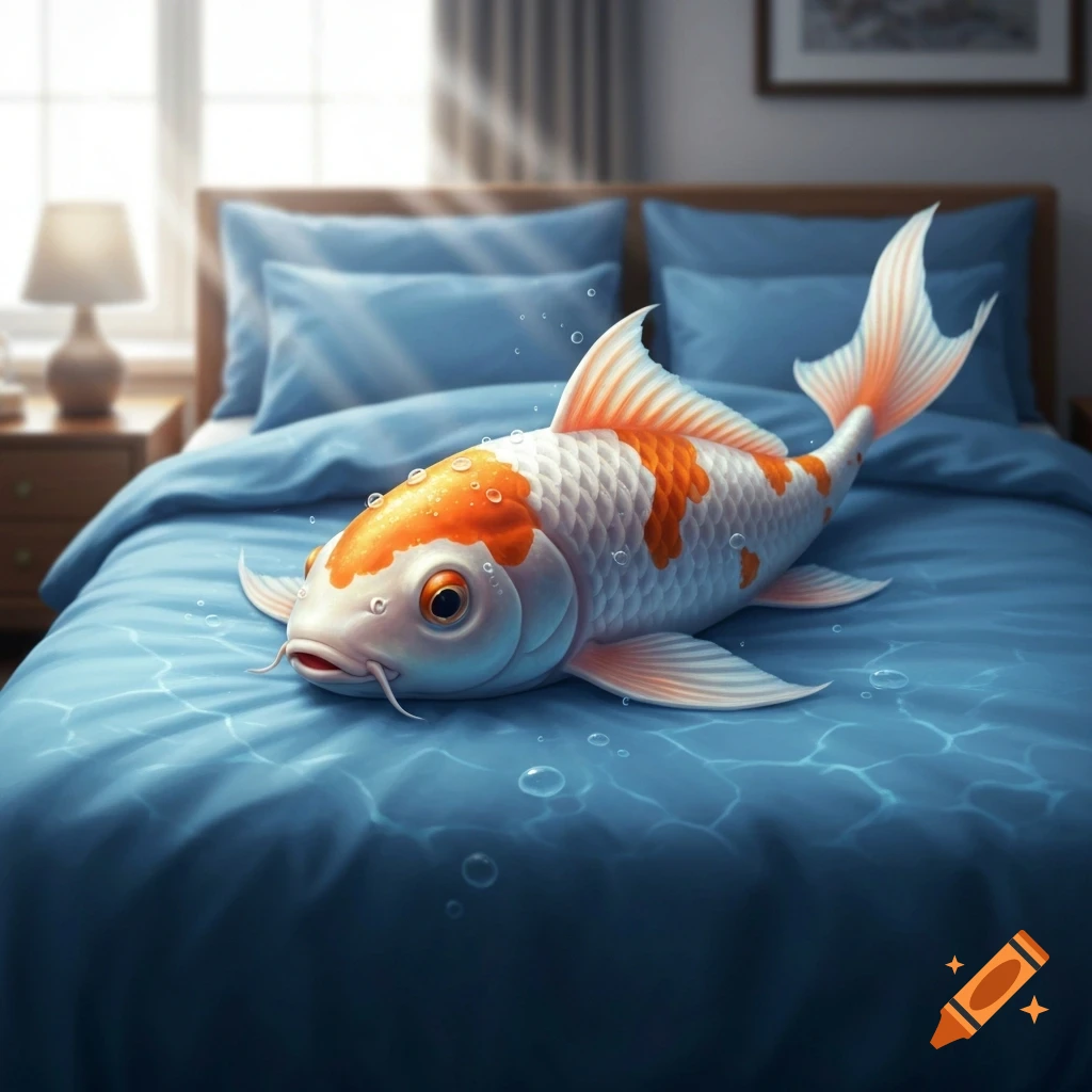 A colorful orange and white koi fish lies on a blue bed with water ripples and bubbles, in a sunlit bedroom.