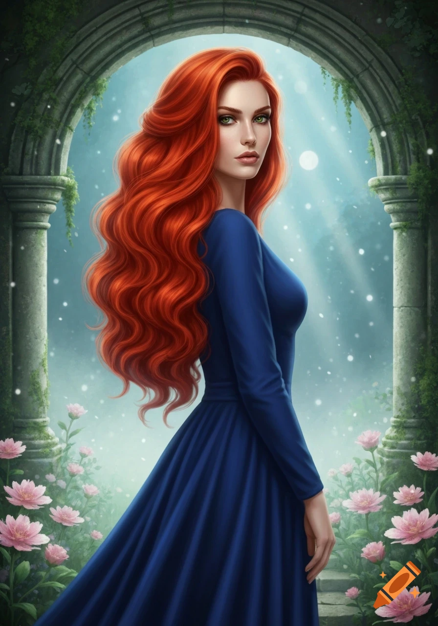 A woman with long, wavy red hair and a blue dress stands in an ancient ...