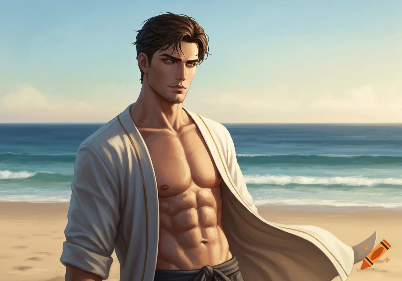 A semi-realistic painting of a muscular man with dark hair and grey eyes in an open robe on a beach.