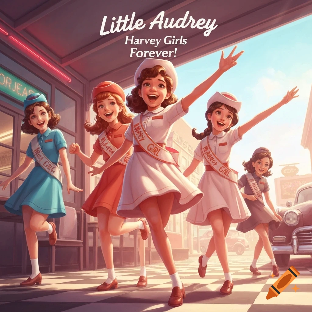 Five cartoon girls in vintage uniforms with sashes, smiling and dancing on a street, with text "Little Audrey Harvey Girls Forever!" above.