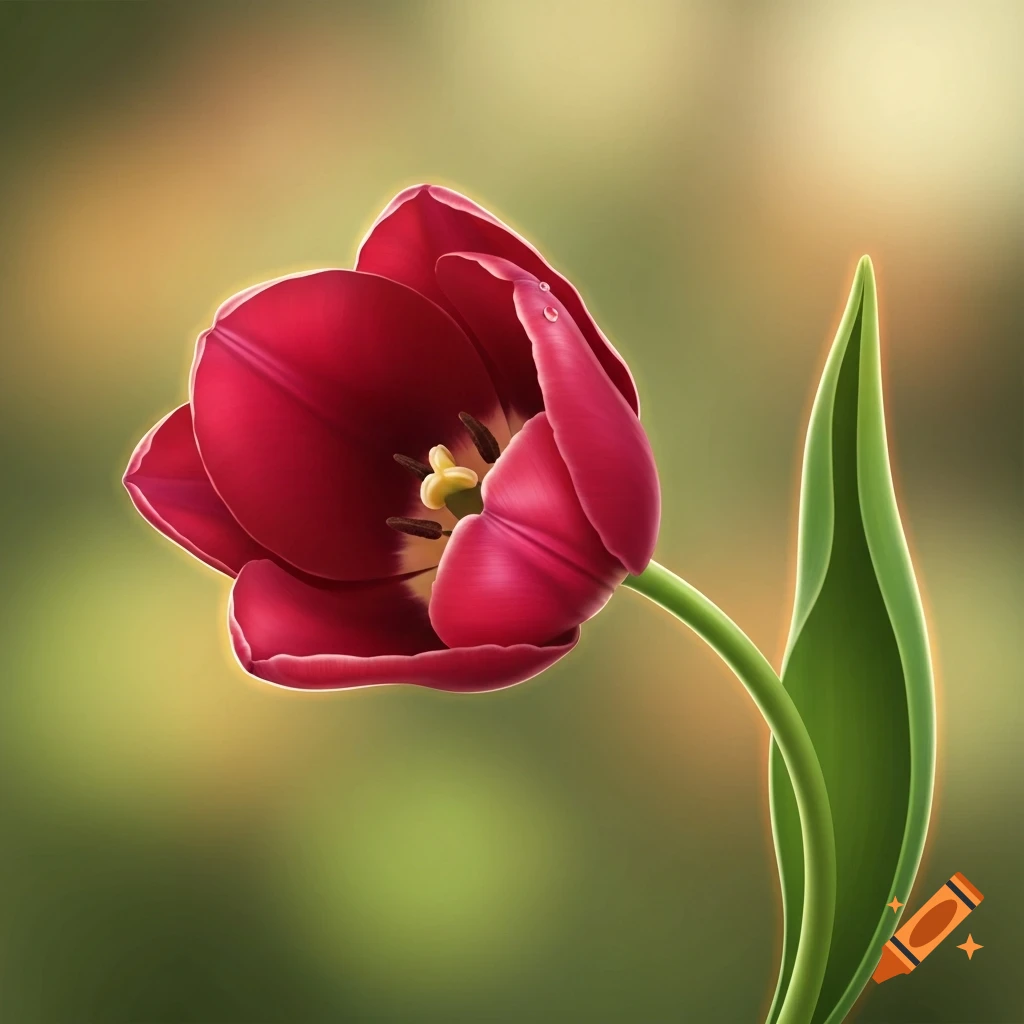 A vibrant red tulip with a green stem and leaf, digitally painted against a soft, blurred green and brown background.