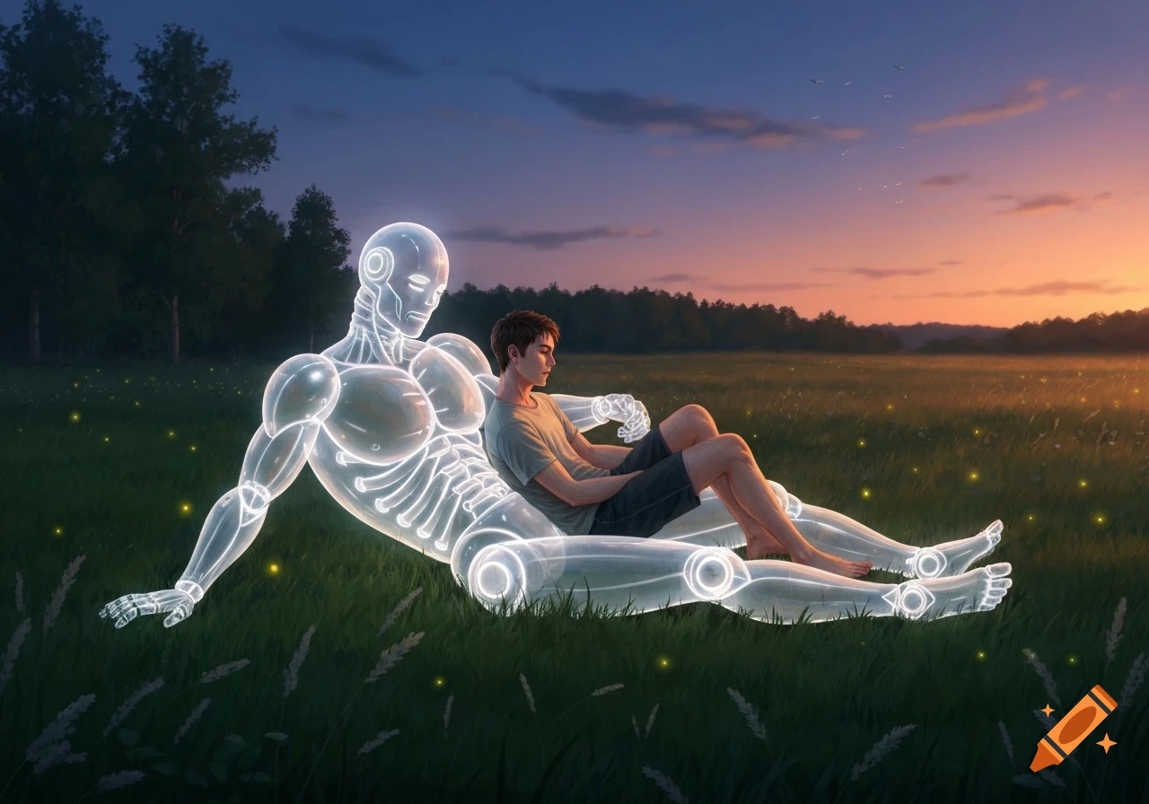 A young man lies on a glowing transparent robot in a twilight meadow with fireflies and a colorful sunset.
