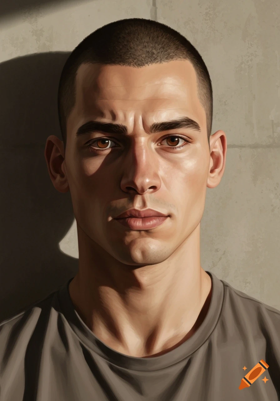 A dramatic, photorealistic close-up portrait of a young man with a buzz cut and brown eyes, looking forward.