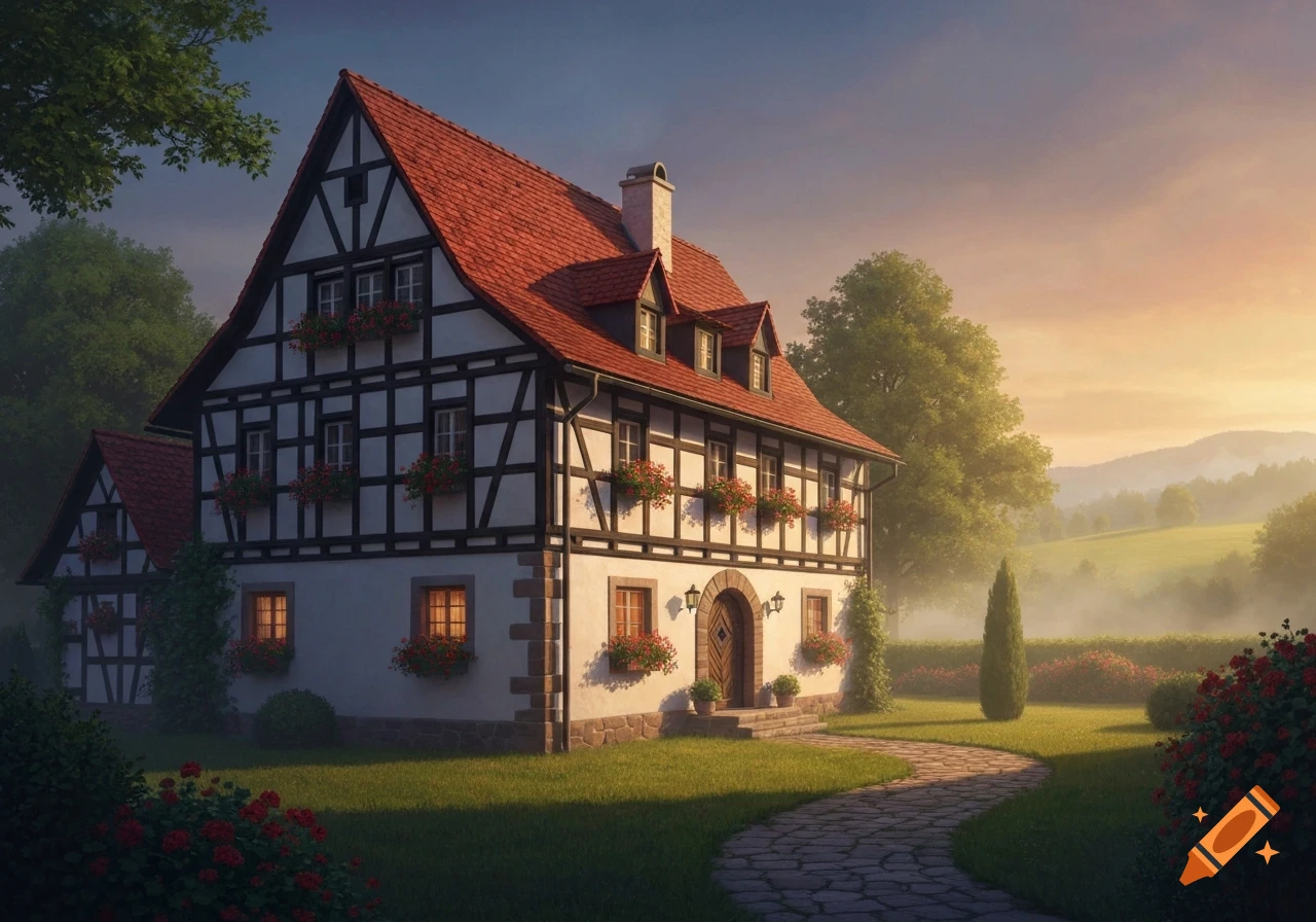 A picturesque half-timbered house with a red roof, flower boxes, and a stone path, bathed in warm sunset light with misty hills in the background.