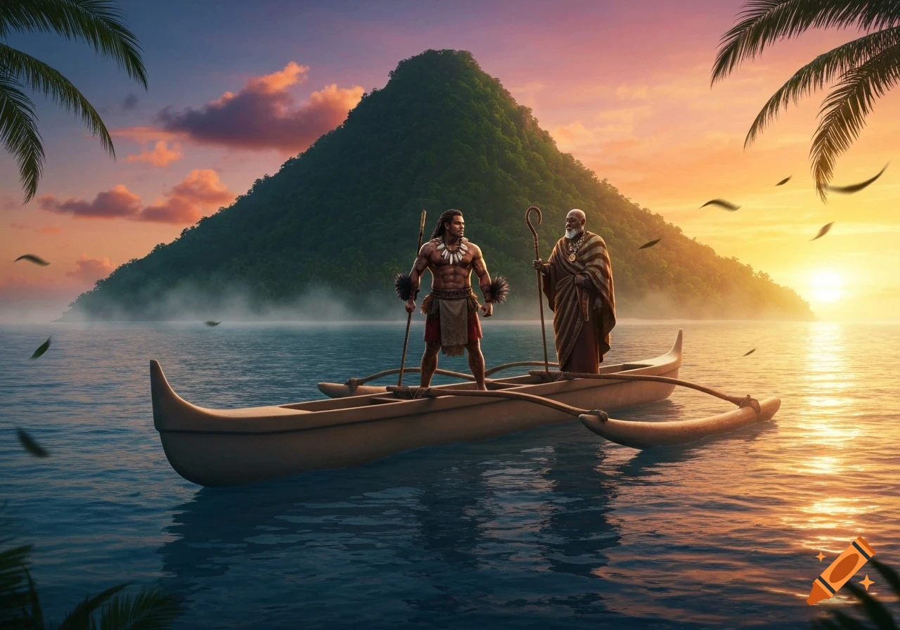 Two men, a bare-chested warrior and a robed priest, stand in a canoe on tropical waters at sunset, with a large island behind.