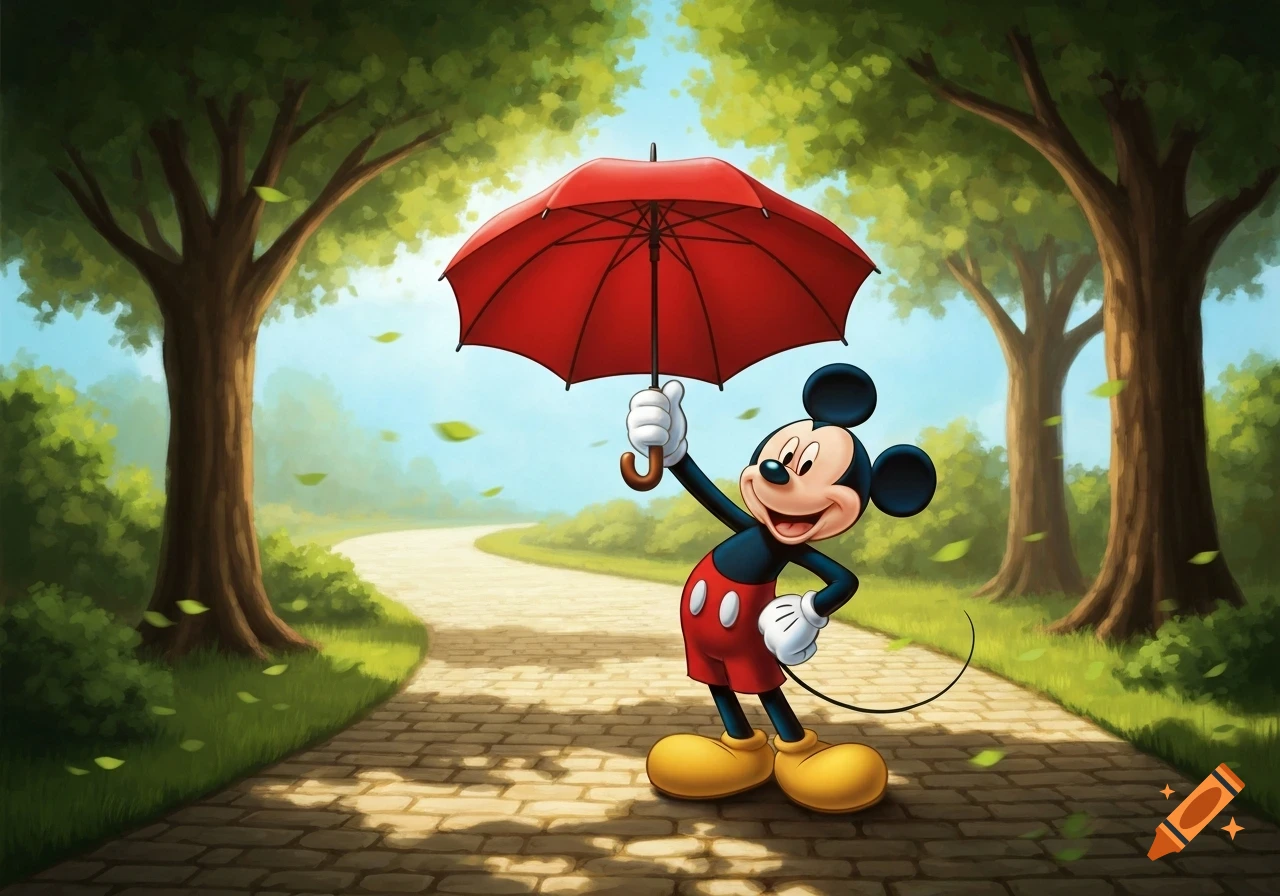 Mickey Mouse, smiling, holds a red umbrella while standing on a brick path flanked by trees with falling leaves.