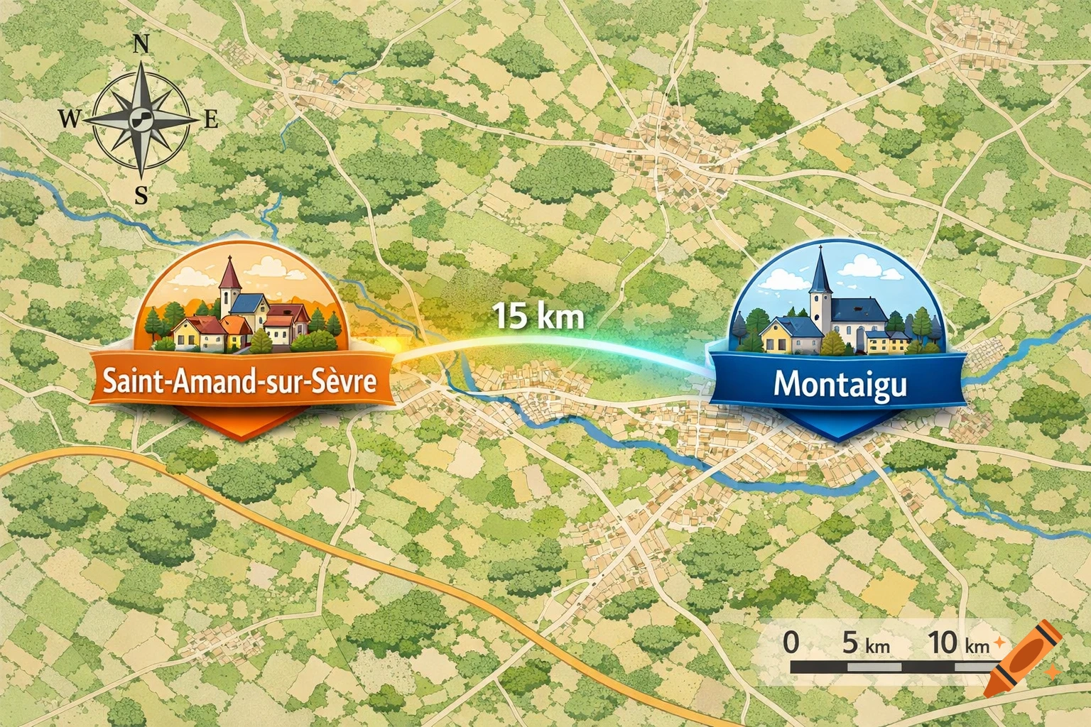 An illustrative map showing Saint-Amand-sur-S èvre and Montaigu, connected by a 15 km distance, with a compass rose and scale.