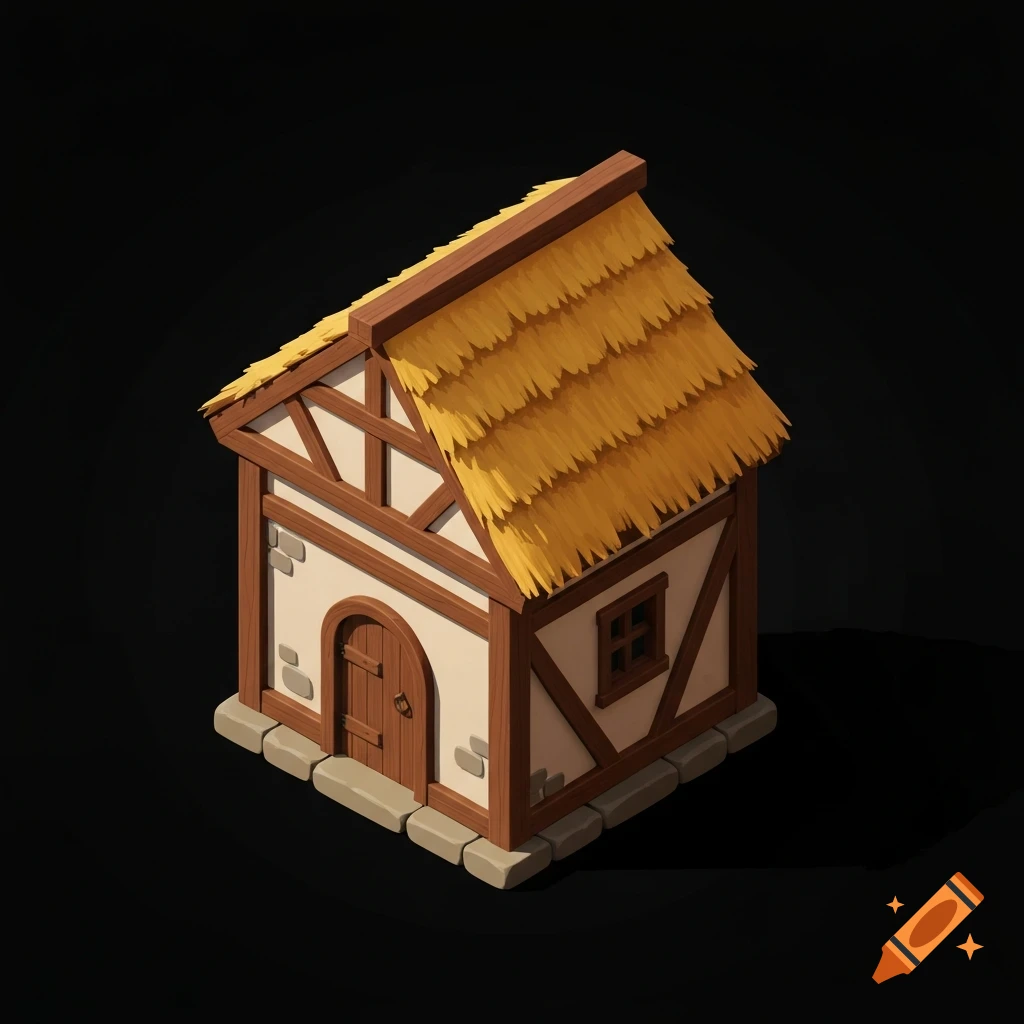 Stylized isometric medieval house with a thatched roof and timber framing on a black background.