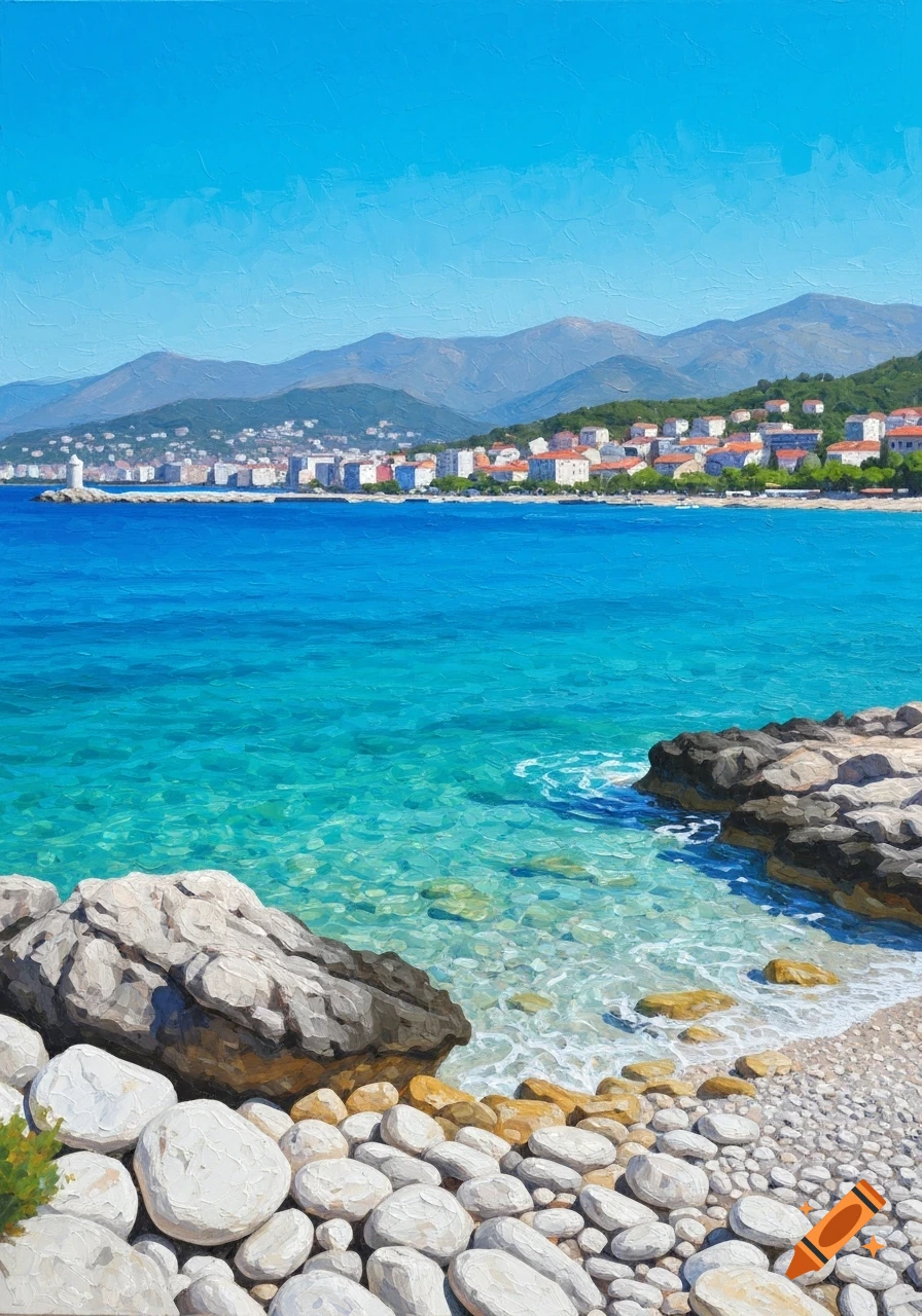 Acrylic painting of a vibrant turquoise sea with a rocky shore, a coastal town, and mountains under a clear blue sky.