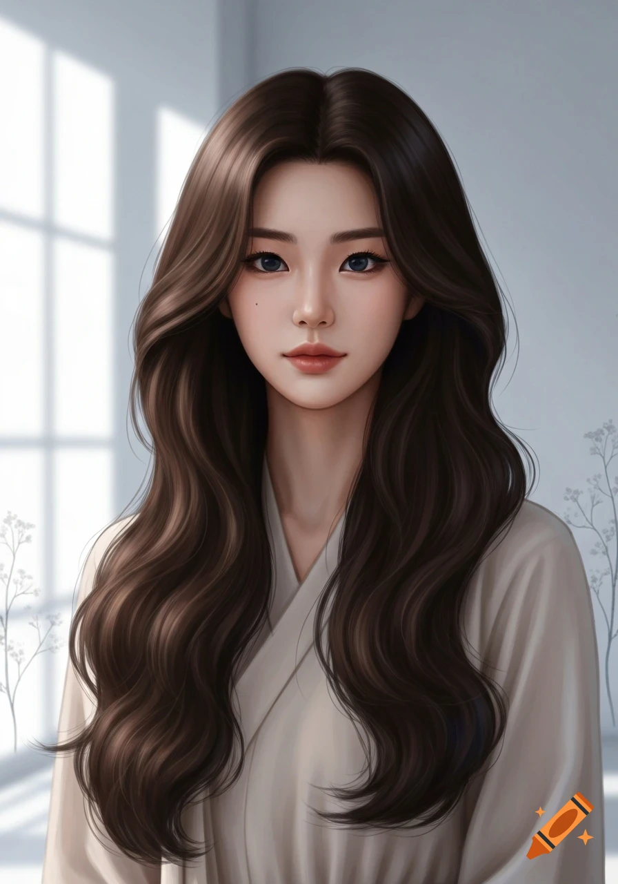 Digital art portrait of a young woman with long wavy brown hair and dark blue eyes, wearing a light top.