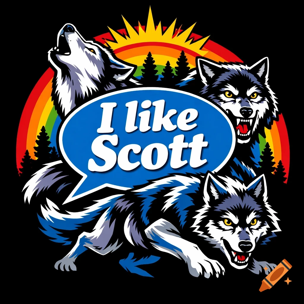 A bold graphic design features three wolves, one howling, with a rainbow and trees in the background, surrounding a blue speech bubble that says 'I like Scott'.