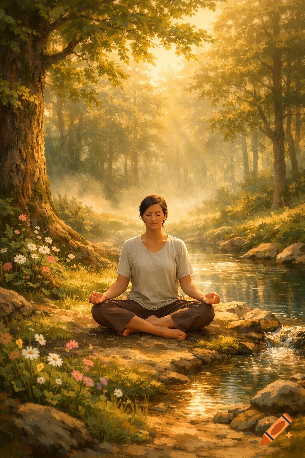 A person meditates cross-legged by a flowing stream in a sunlit forest, surrounded by trees and wildflowers in a painterly style.