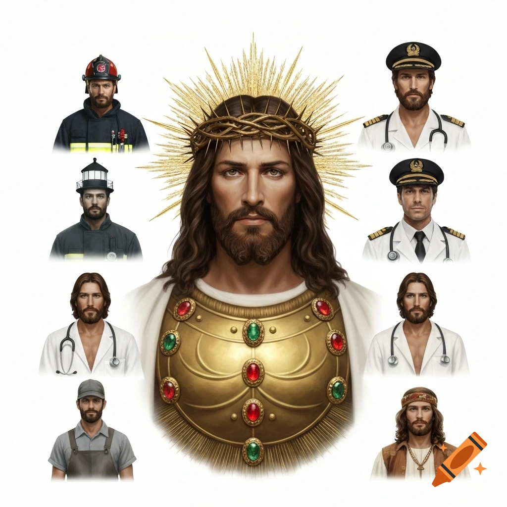 A central portrait of Jesus with a crown of thorns and golden armor, surrounded by smaller portraits of him dressed as a firefighter, lighthouse keeper, ship captain, doctor, laborer, and hippy.