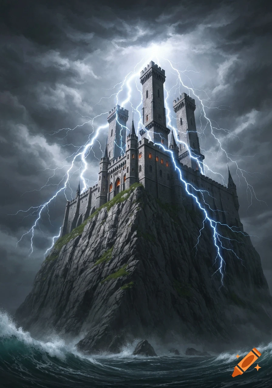 A dark castle with multiple towers stands atop a jagged cliff, illuminated by bright lightning strikes across a stormy sky and turbulent ocean.