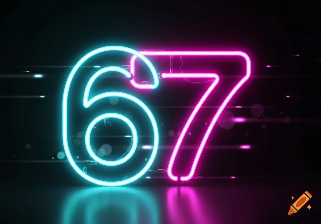 The number 6 rendered in blue neon next to the number 7 rendered in pink neon, reflecting on a dark surface.