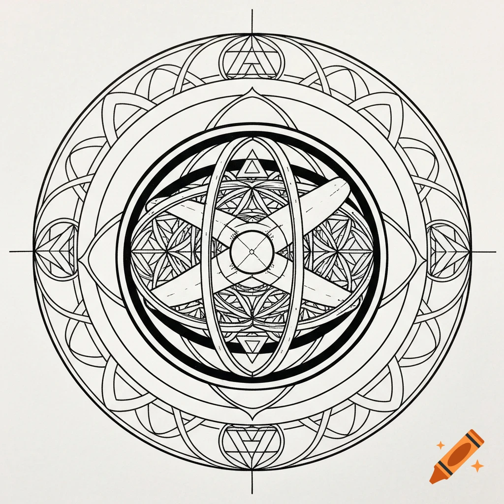 Black and white line art of a complex geometric mandala combining an armillary sphere with sacred geometry symbols.