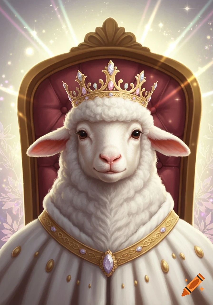 An anthropomorphic lamb wearing a golden crown and white regal robe sits on a red throne with a sparkling pastel background.