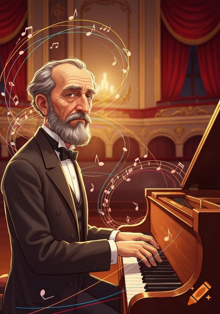 Cartoon of a grey-bearded man in a suit playing a grand piano on a stage, with colorful musical notes floating around him.