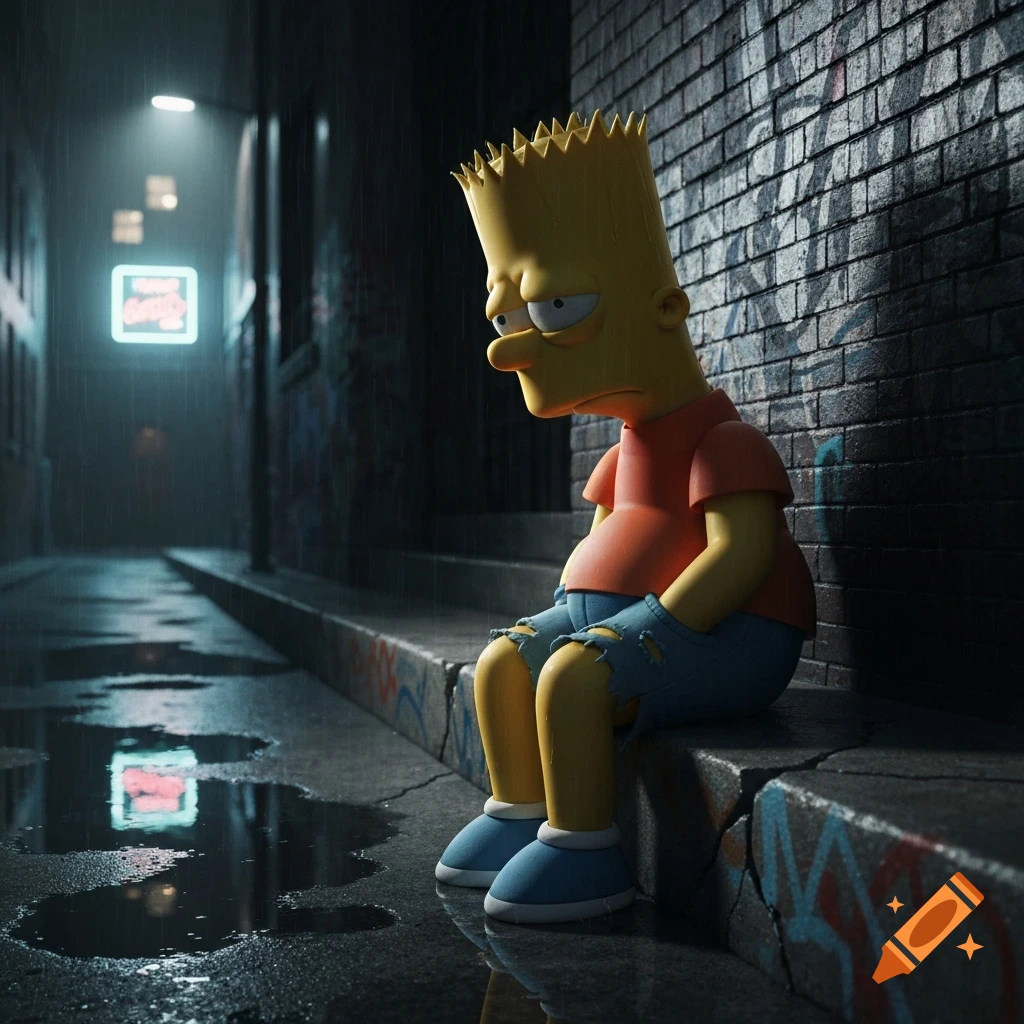 Sad Bart Simpson sits on a curb in a dark, rainy alley, leaning against a brick wall with graffiti, a blurred neon sign in the background.