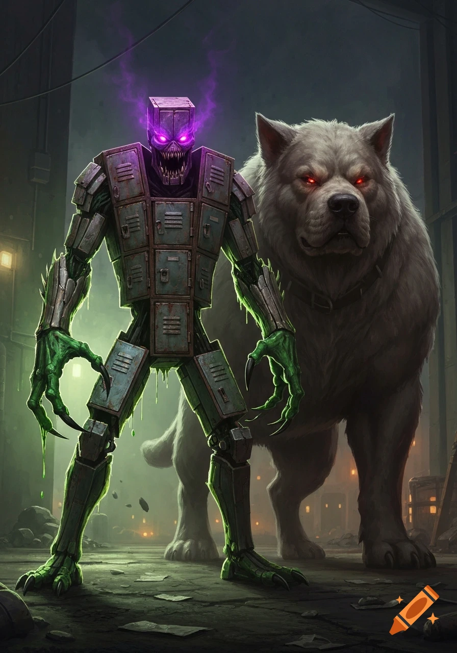 A menacing locker monster with glowing purple eyes and green clawed ...