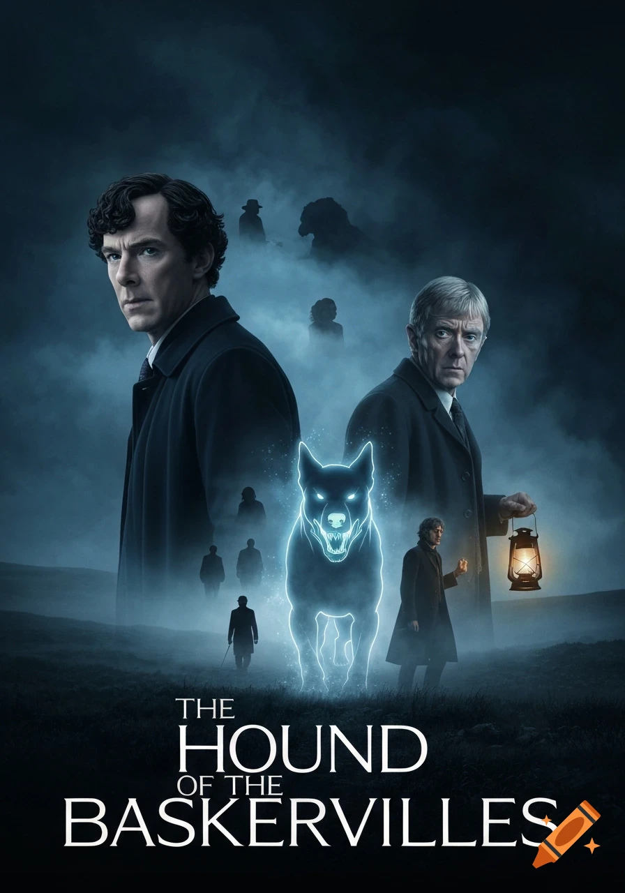 Movie poster for 'The Hound of the Baskervilles' featuring Sherlock Holmes and Dr. Watson with a glowing spectral hound in a foggy landscape.