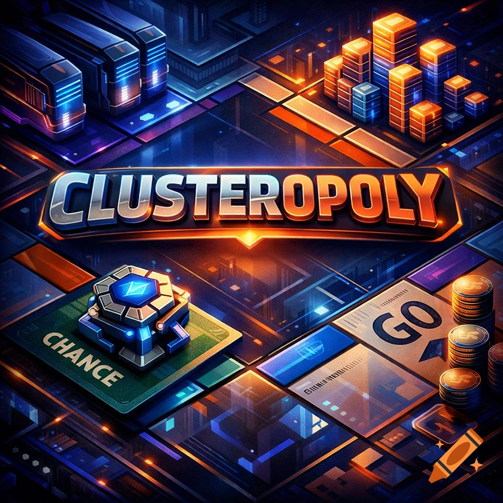 An isometric, futuristic board game titled "Clusteropoly" with glowing data center buildings, server racks, and game pieces on a circuit-like grid.