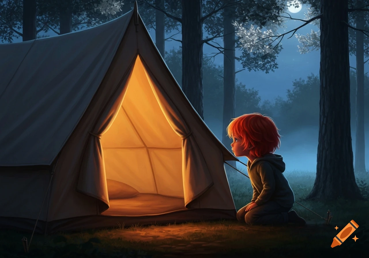 A stylized illustration of a red-haired child kneeling outside a glowing tent in a dark forest under a full moon.