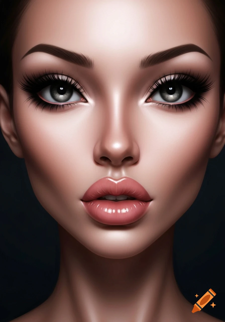 Close-up of a stylized woman's face with exaggerated features, heavy makeup, long lashes, and glossy lips in an illustrative style.