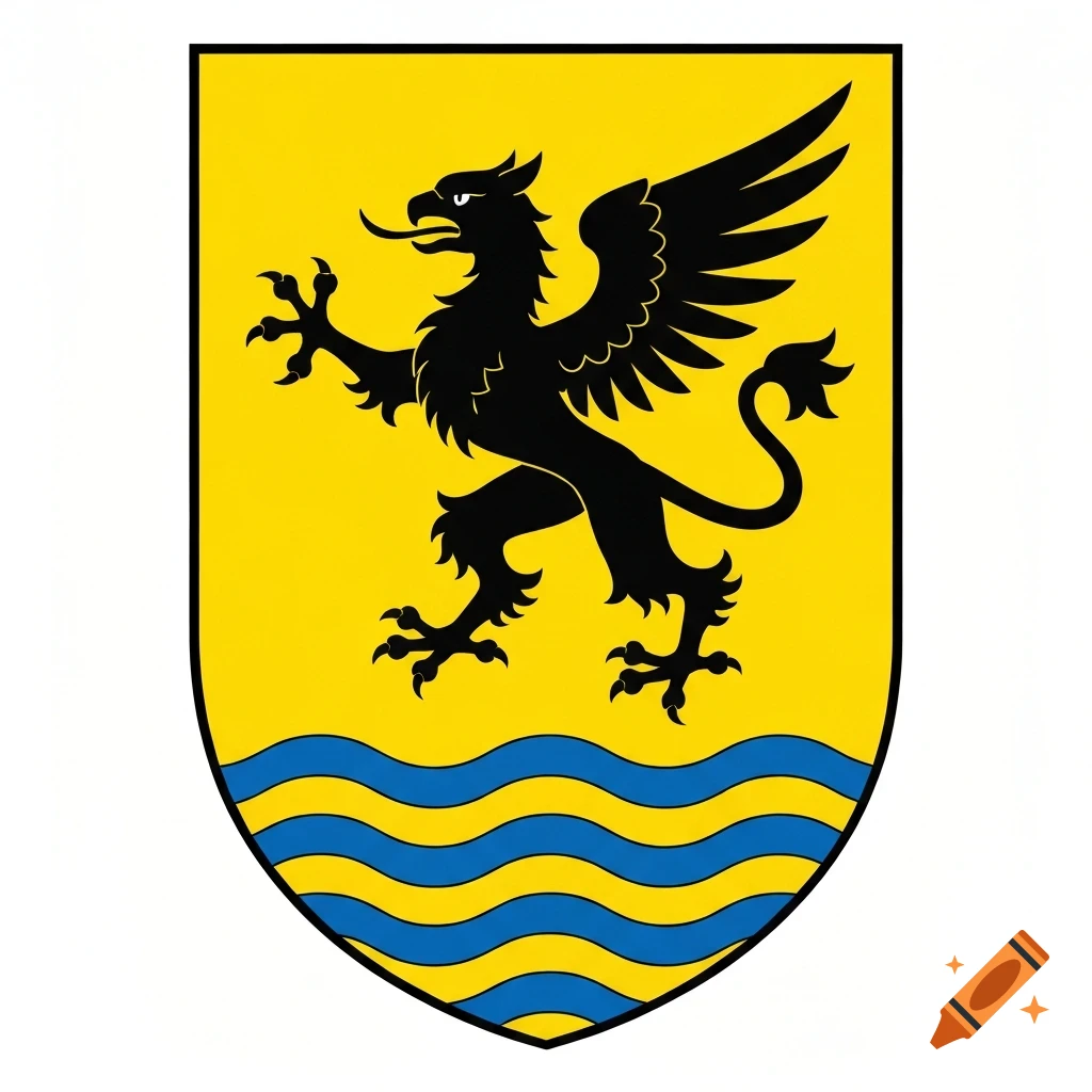 A coat of arms featuring a black rampant griffin on a yellow shield, above three blue wavy lines.
