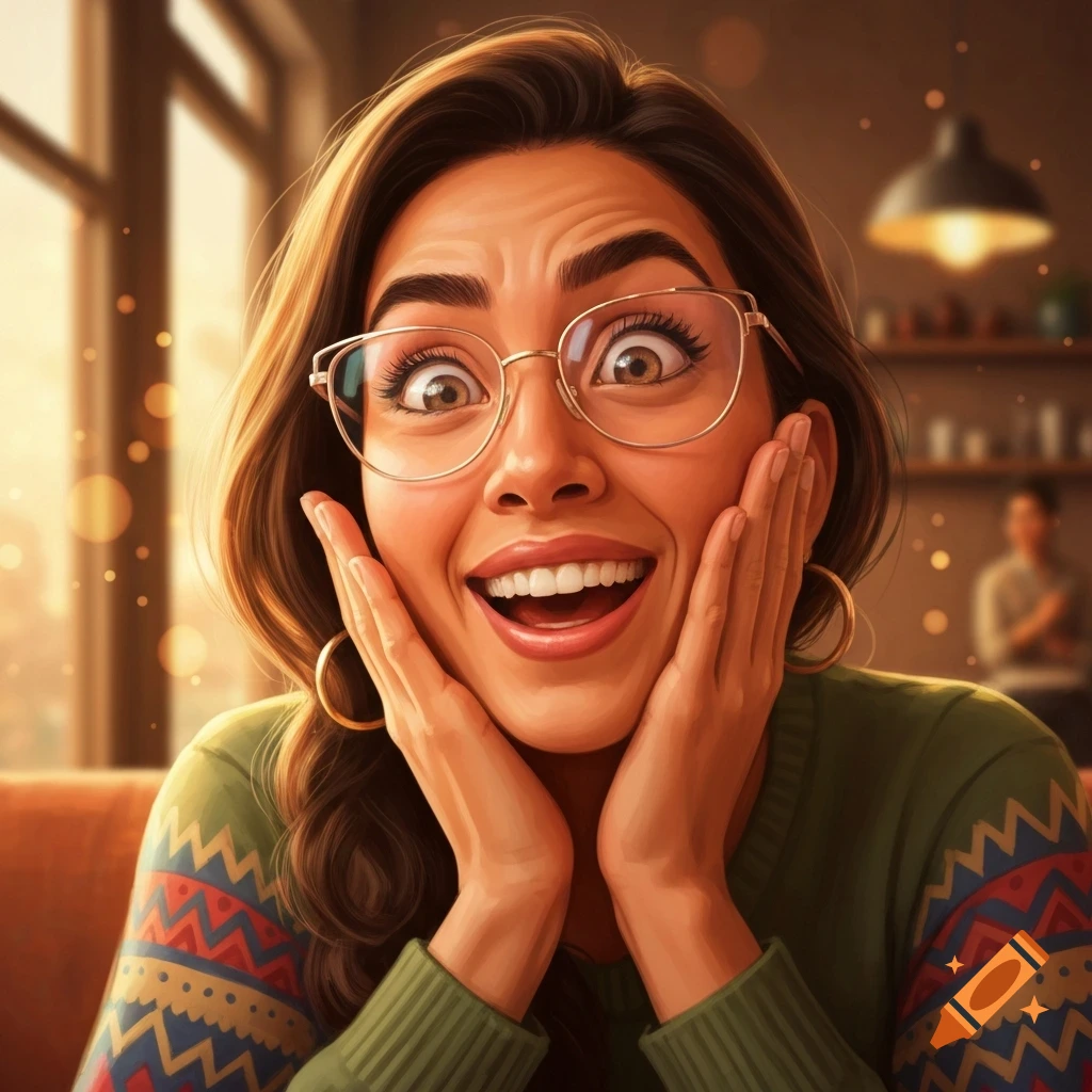 A surprised and happy woman with glasses and long brown hair smiles, holding her hands to her cheeks in a warm indoor setting.