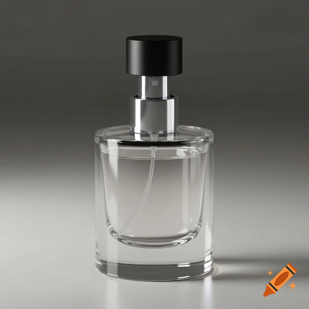 A clear glass perfume bottle with a silver sprayer and a black cap on a gradient grey background.