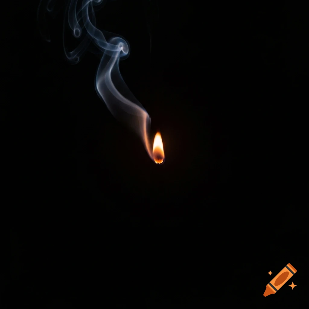 A close-up, photorealistic image of a small orange flame with wisps of white smoke rising on a black background.