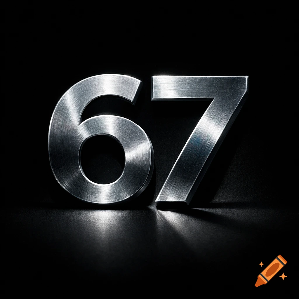 The numbers 67 rendered in brushed silver metal on a dark background, with strong lighting.