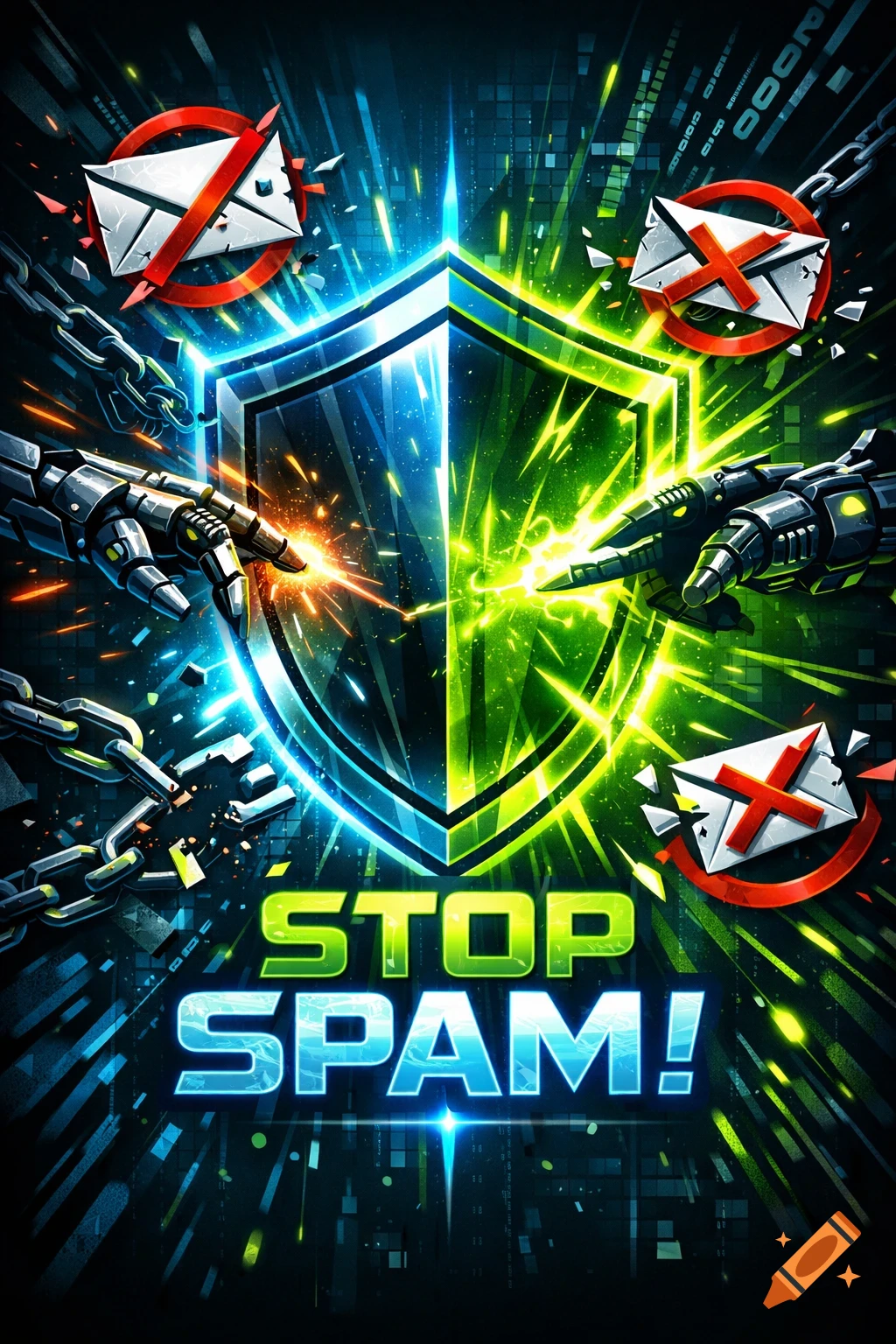 A vibrant digital art anti-spam flyer with a central shield, robotic hands, broken chains, and the text 'STOP SPAM!'.