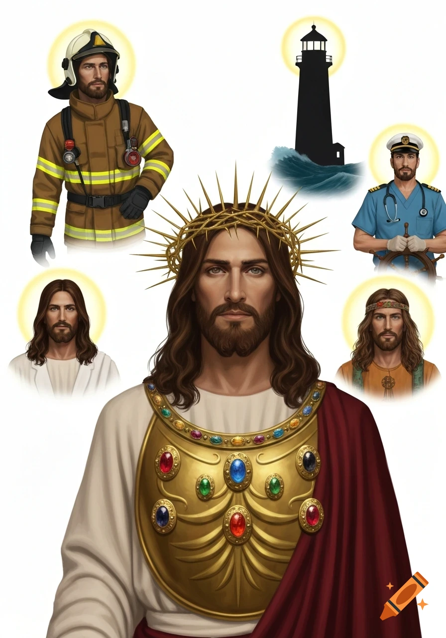 Jesus with a crown of thorns and jeweled breastplate, surrounded by smaller images of Jesus as a firefighter, ship captain, hippie, and a lighthouse.