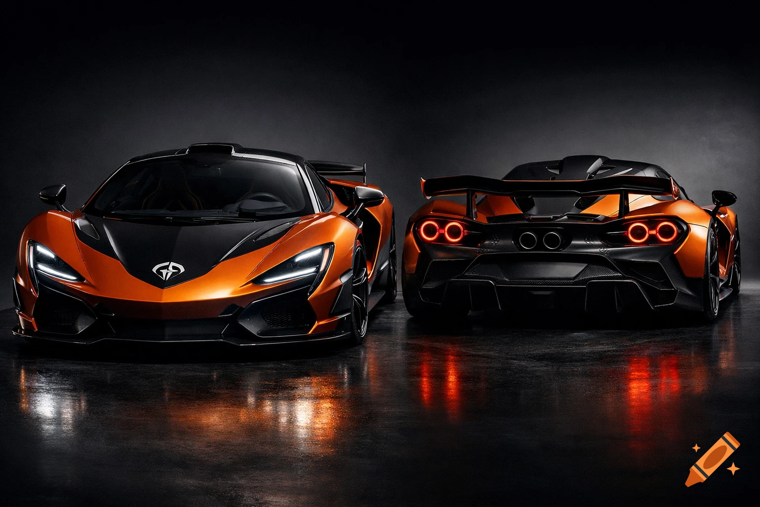 Two sleek orange and black sports cars, one front and one rear view, in a dark, reflective studio setting.