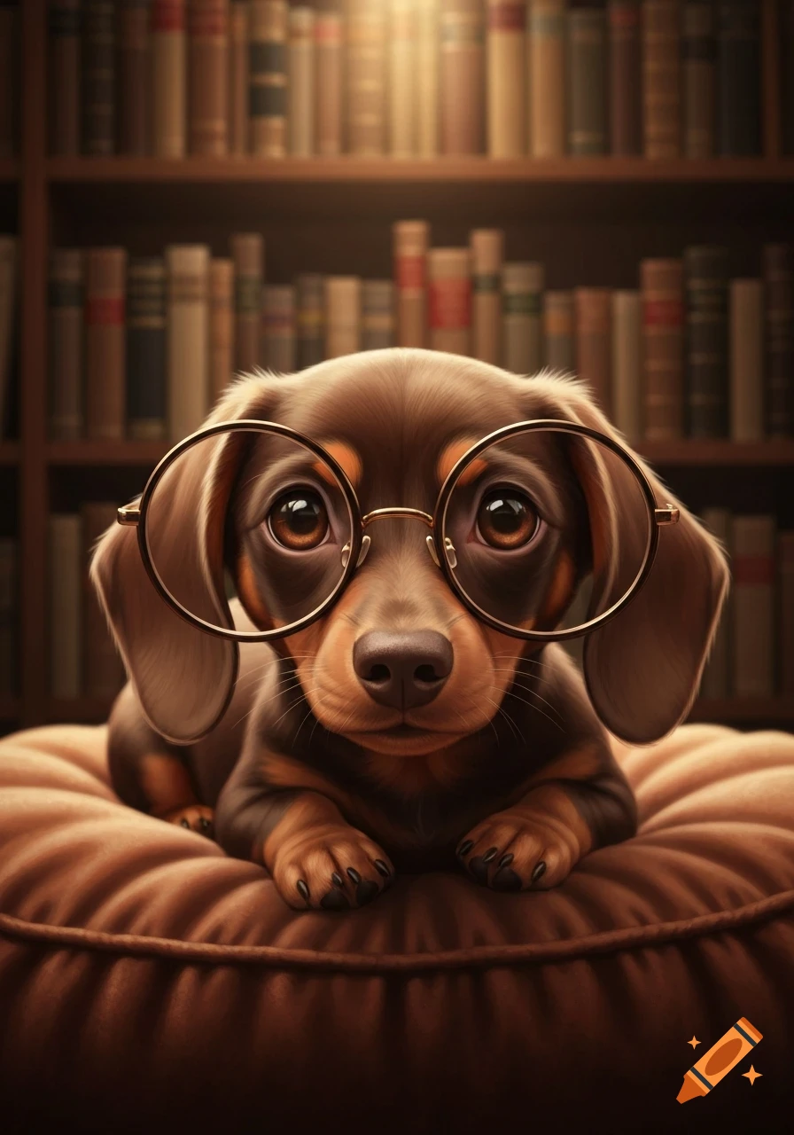 A photorealistic brown and tan dachshund puppy wearing round spectacles, lying on a cushion in front of a blurred bookshelf.