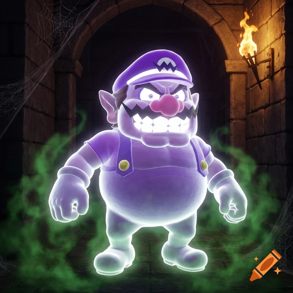 Ghostly Wario in a purple outfit and cap with a W symbol, grins menacingly in a dark, cobweb-filled dungeon with a flaming torch.